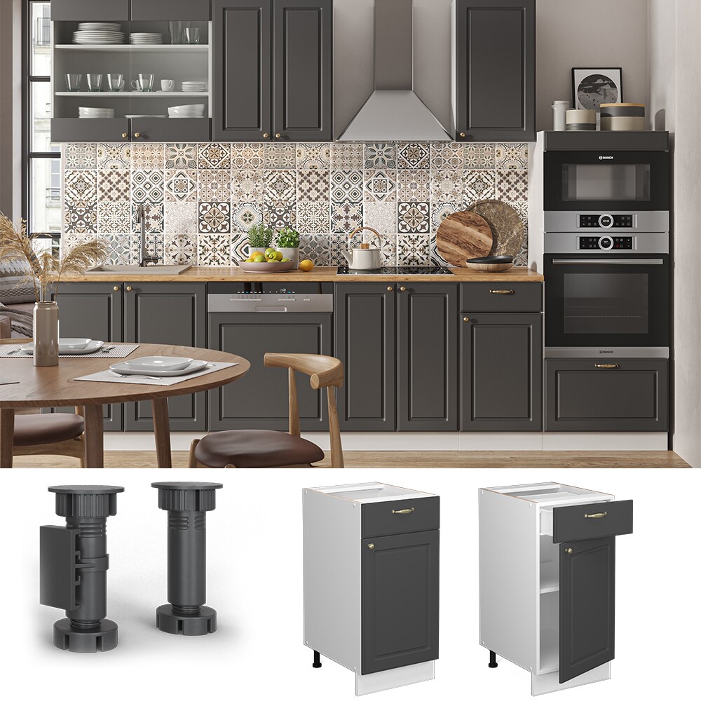 Vicco Schubunterschrank Küchenschrank Küchenmöbel Fame-Line Weiß Anthrazit-Gold Landhaus 40 cm Küche Einbauküche Drehtür Schublade Einlegeboden Blende Küchenzeile