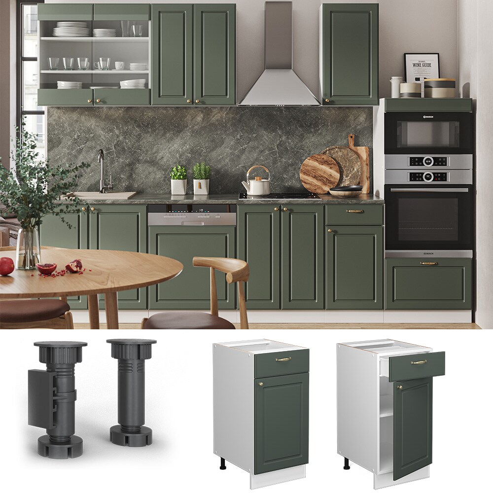 Vicco Schubunterschrank Küchenschrank Küchenmöbel Fame-Line Weiß Grün-Gold Landhaus 40 cm Küche Einbauküche Drehtür Schublade Einlegeboden Blende Küchenzeile
