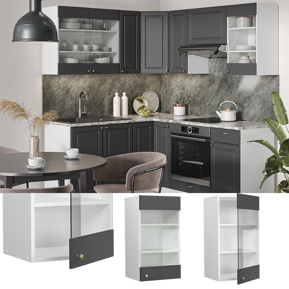Vicco H&auml;ngeglasschrank K&uuml;chenschrank K&uuml;chenm&ouml;bel Fame-Line Wei&szlig; Anthrazit-Gold Landhaus 40 cm K&uuml;che Einbauk&uuml;che H&auml;ngeschrank Glasschrank Dreht&uuml;r Einlegeboden K&uuml;chenzeile - Bild 1