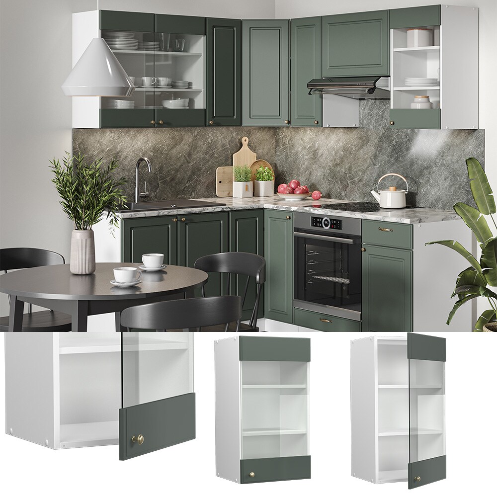 Vicco Hängeglasschrank Küchenschrank Küchenmöbel Fame-Line Weiß Grün-Gold Landhaus 40 cm Küche Einbauküche Hängeschrank Glasschrank Drehtür Einlegeboden Küchenzeile