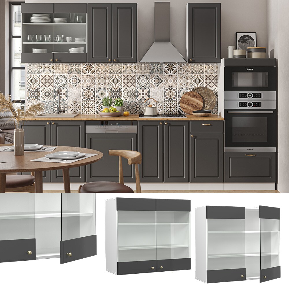 Vicco Hängeglasschrank Küchenschrank Küchenmöbel Fame-Line Weiß Anthrazit-Gold Landhaus 80 cm Küche Einbauküche Hängeschrank Glasschrank Drehtür Einlegeboden Küchenzeile