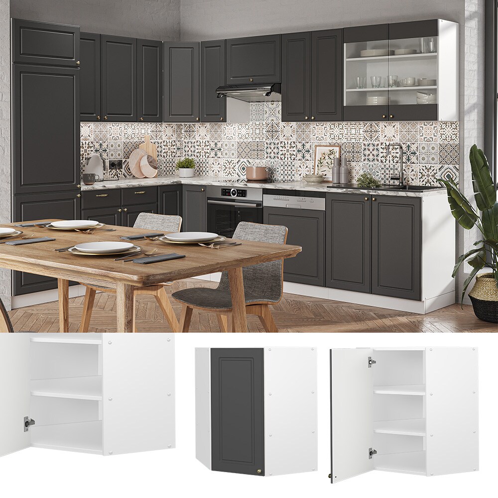 Vicco Eckhängeschrank Küchenschrank Küchenmöbel Fame-Line Weiß Anthrazit-Gold Landhaus 57 cm Küche Einbauküche Eckküche Hängeschrank Drehtür Einlegeboden Küchenzeile