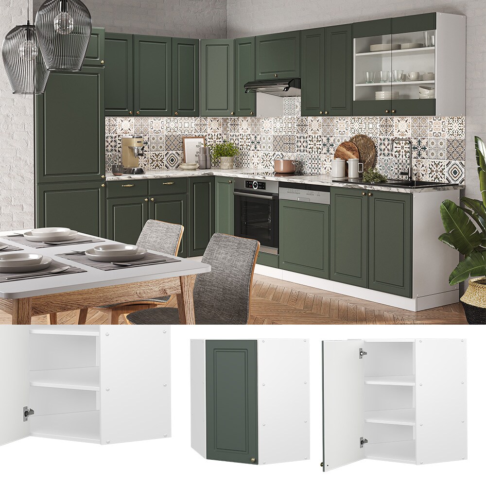 Vicco Eckhängeschrank Küchenschrank Küchenmöbel Fame-Line Weiß Grün-Gold Landhaus 57 cm Küche Einbauküche Eckküche Hängeschrank Drehtür Einlegeboden Küchenzeile