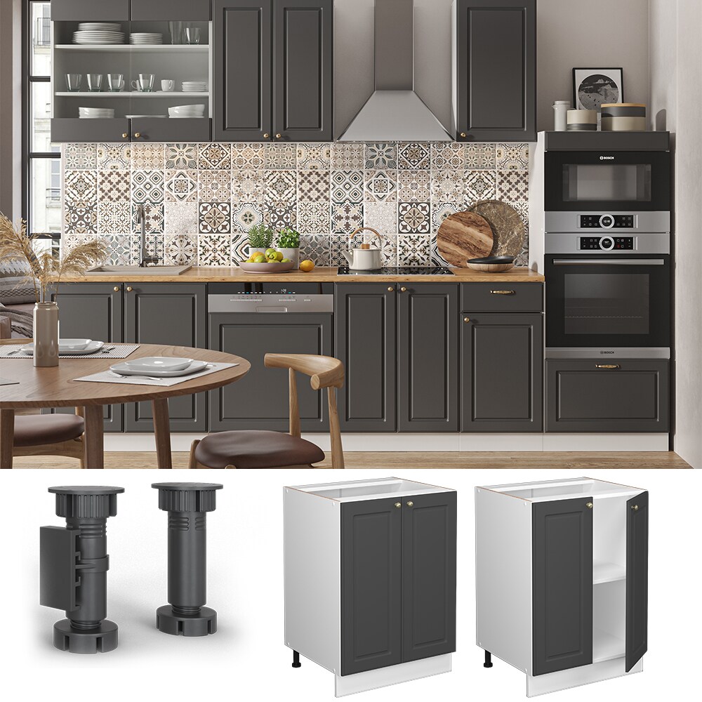 Vicco Unterschrank Küchenschrank Küchenmöbel Fame-Line Weiß Anthrazit-Gold Landhaus 60 cm Küche Einbauküche Drehtür Einlegeboden Blende Küchenzeile