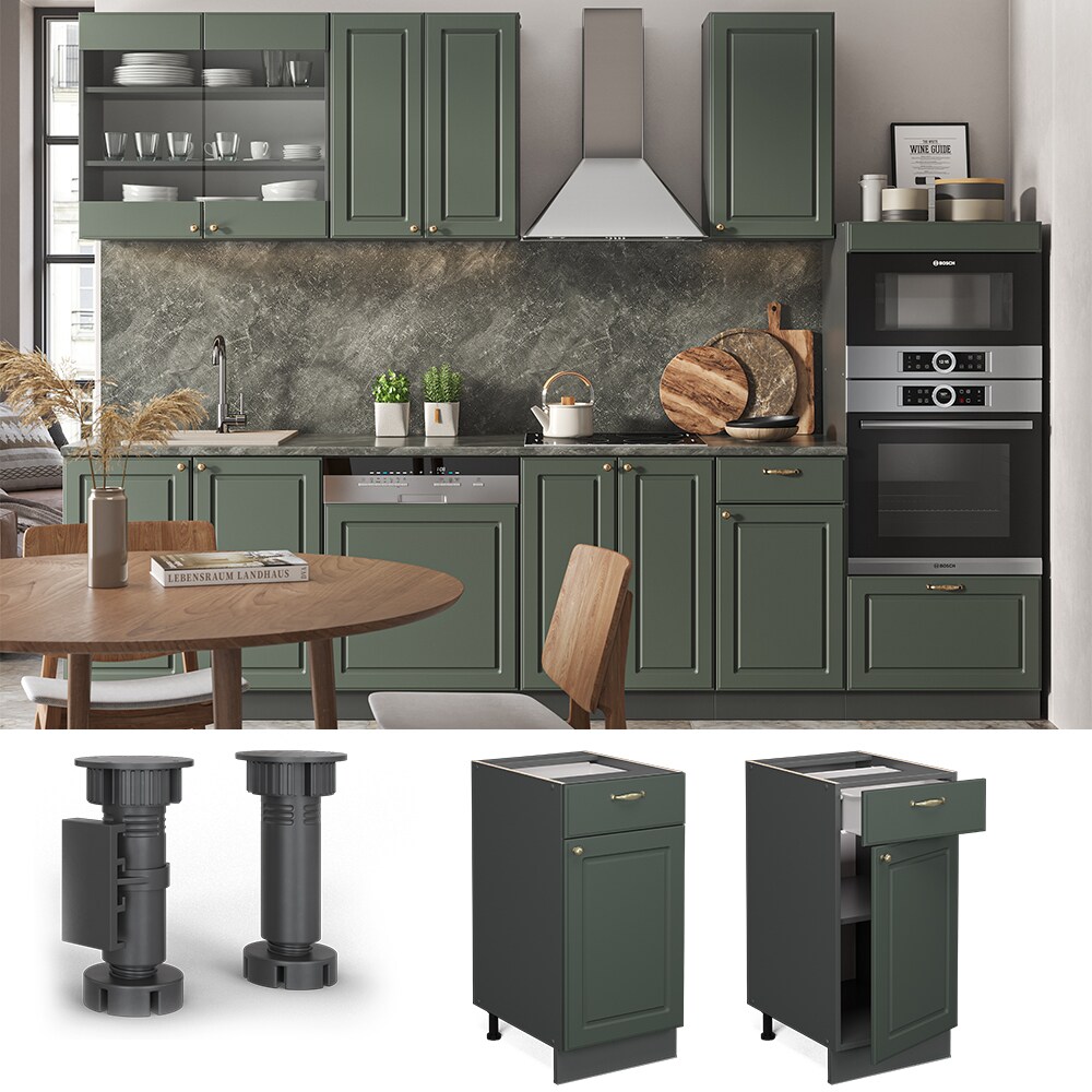 Vicco Schubunterschrank Küchenschrank Küchenmöbel Fame-Line Anthrazit Grün-Gold Landhaus 40 cm Küche Einbauküche Drehtür Schublade Einlegeboden Blende Küchenzeile