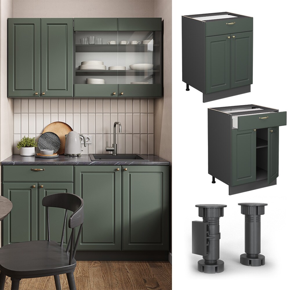 Vicco Schubunterschrank Küchenschrank Küchenmöbel Fame-Line Anthrazit Grün-Gold Landhaus 60 cm Küche Einbauküche Drehtür Schublade Einlegeboden Blende Küchenzeile