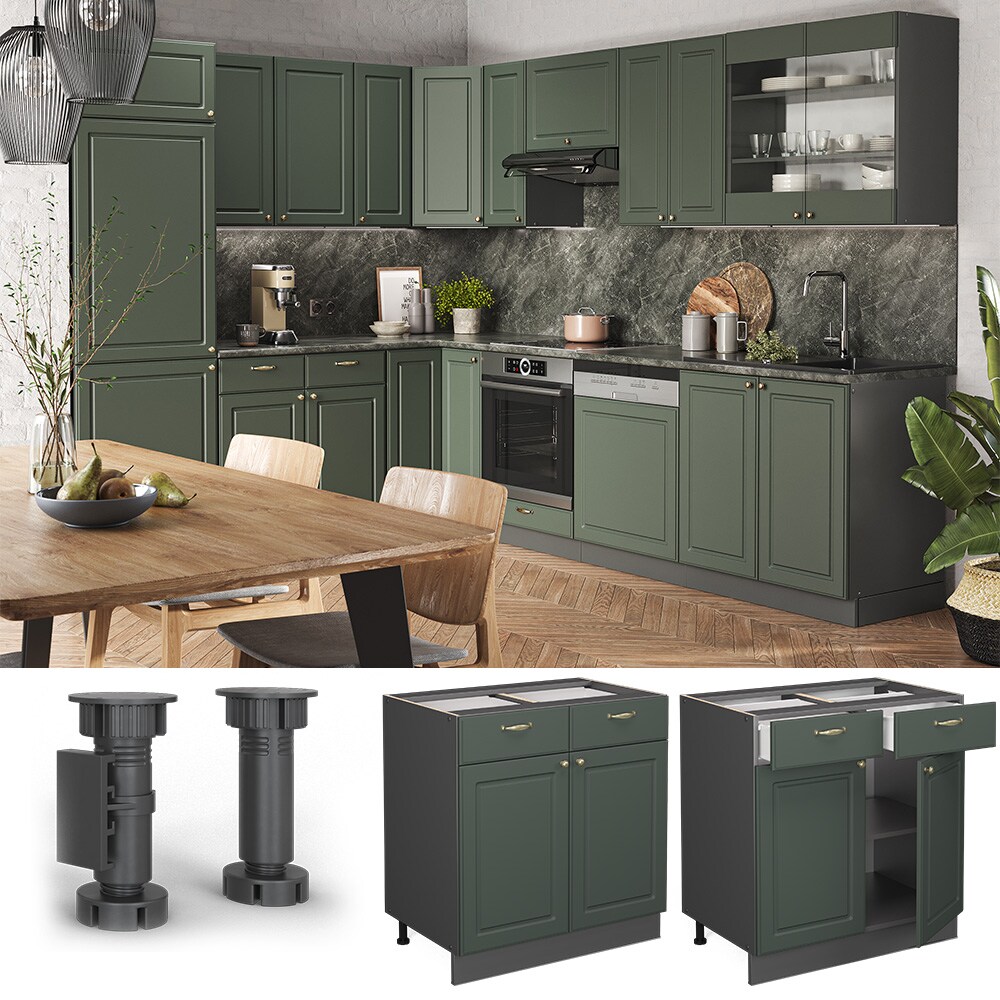 Vicco Schubunterschrank Küchenschrank Küchenmöbel Fame-Line Anthrazit Grün-Gold Landhaus 80 cm Küche Einbauküche Drehtür Schublade Einlegeboden Blende Küchenzeile