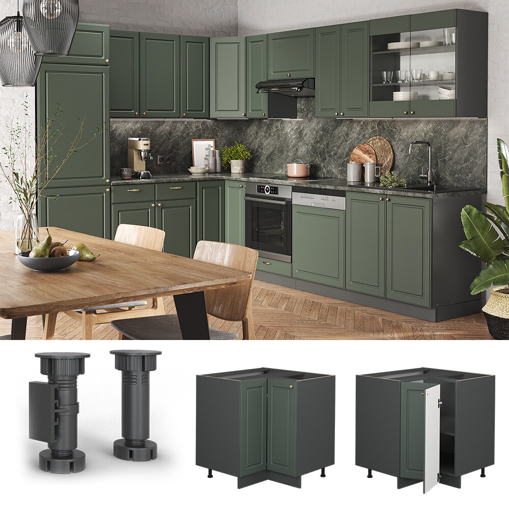 Vicco Eckunterschrank Küchenschrank Küchenmöbel Fame-Line Anthrazit Grün-Gold Landhaus 87 cm Küche Eckküche Einbauküche Doppel-Drehtür Einlegeboden Blende Küchenzeile
