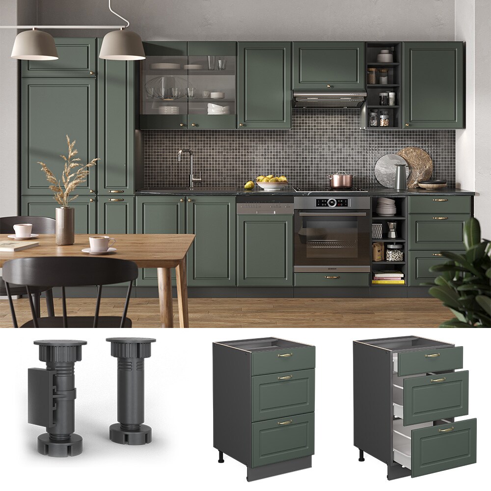 Vicco Schubunterschrank Küchenschrank Küchenmöbel Fame-Line Anthrazit Grün-Gold Landhaus 50 cm Küche Einbauküche Drehtür Blende Küchenzeile