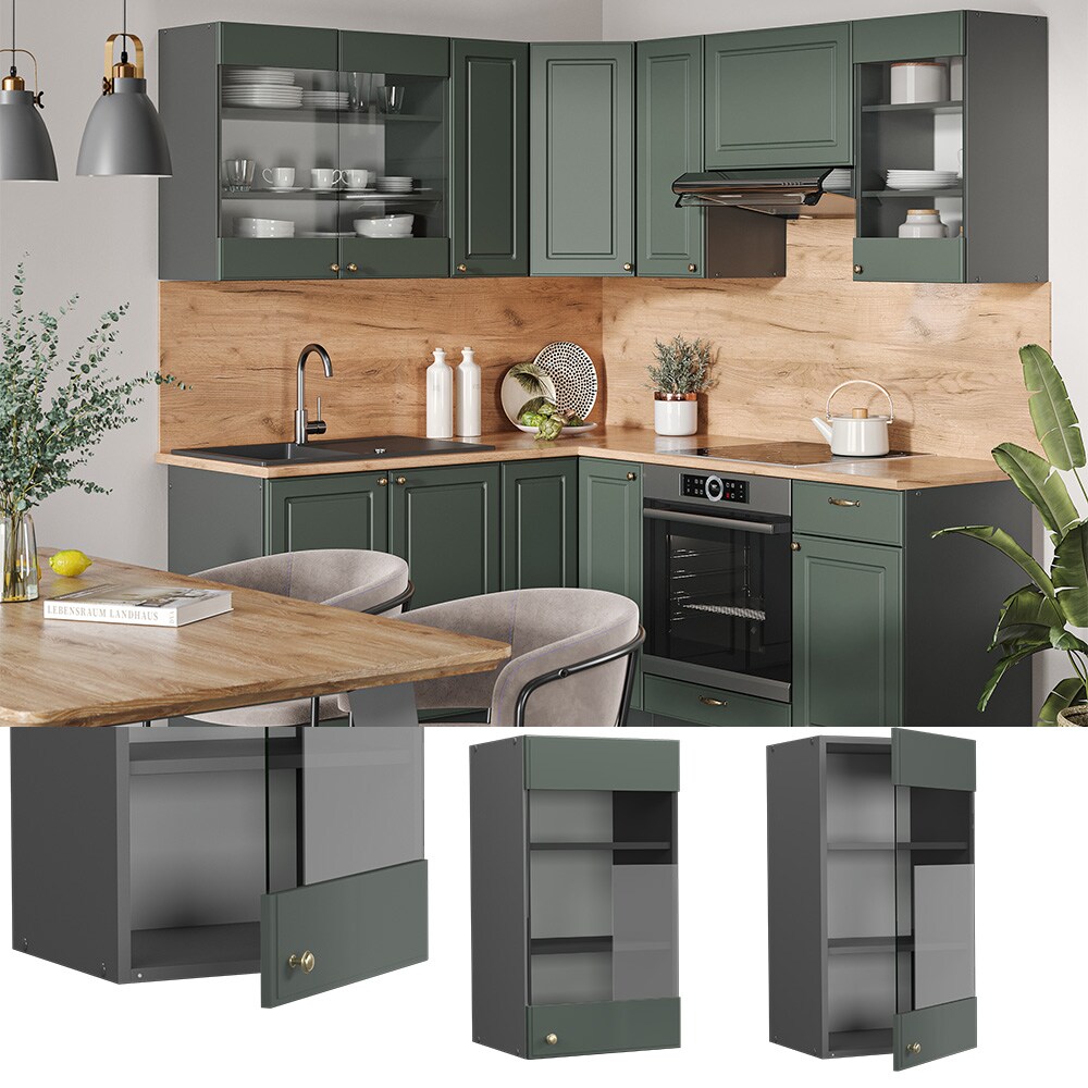Vicco Hängeglasschrank Küchenschrank Küchenmöbel Fame-Line Anthrazit Grün-Gold Landhaus 40 cm Küche Einbauküche Hängeschrank Glasschrank Drehtür Einlegeboden Küchenzeile