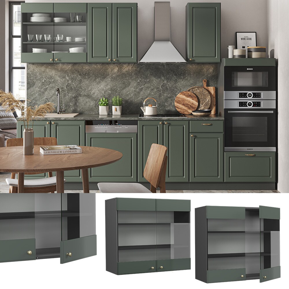 Vicco Hängeglasschrank Küchenschrank Küchenmöbel Fame-Line Anthrazit Grün-Gold Landhaus 80 cm Küche Einbauküche Hängeschrank Glasschrank Drehtür Einlegeboden Küchenzeile