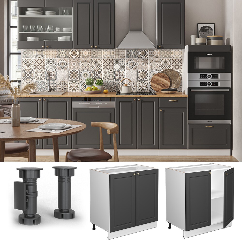 Vicco Unterschrank Küchenschrank Küchenmöbel Fame-Line Weiß Anthrazit-Gold Landhaus 80 cm Küche Einbauküche Drehtür Einlegeboden Blende Küchenzeile