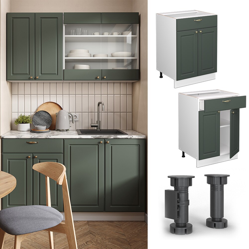 Vicco Schubunterschrank Küchenschrank Küchenmöbel Fame-Line Weiß Grün-Gold Landhaus 60 cm Küche Einbauküche Drehtür Schublade Einlegeboden Blende Küchenzeile