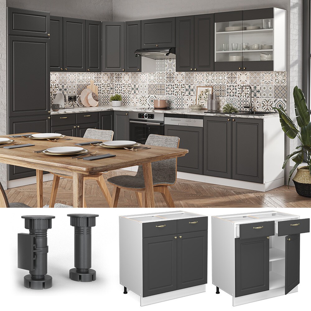 Vicco Schubunterschrank Küchenschrank Küchenmöbel Fame-Line Weiß Anthrazit-Gold Landhaus 80 cm Küche Einbauküche Drehtür Schublade Einlegeboden Blende Küchenzeile