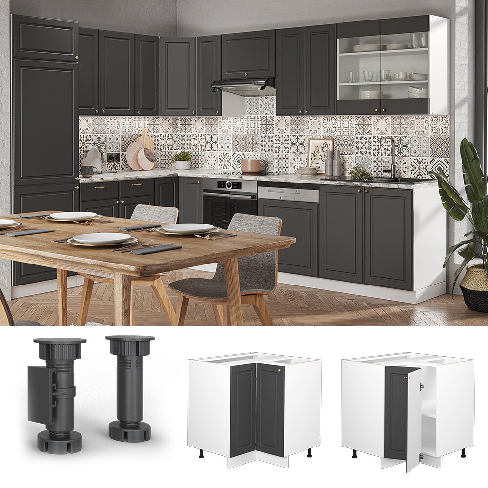 Vicco Eckunterschrank Küchenschrank Küchenmöbel Fame-Line Weiß Anthrazit-Gold Landhaus 87 cm Küche Eckküche Einbauküche Doppel-Drehtür Einlegeboden Blende Küchenzeile