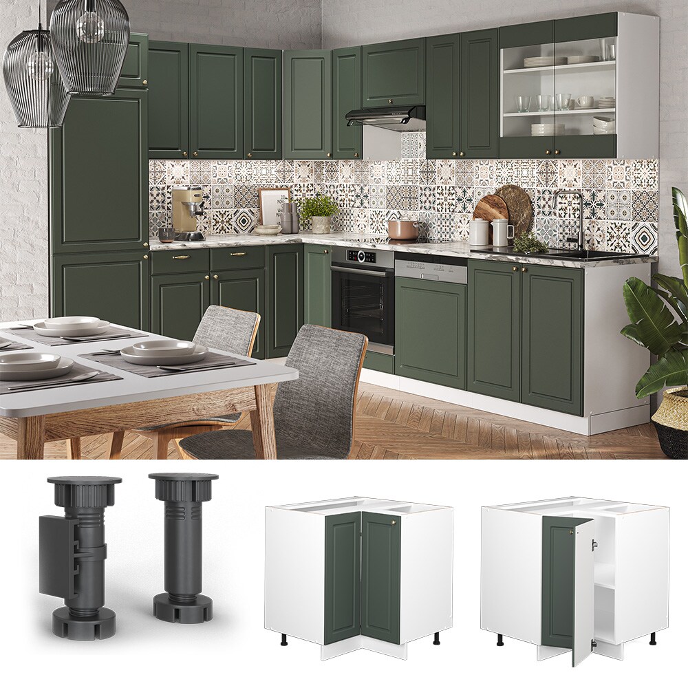 Vicco Eckunterschrank Küchenschrank Küchenmöbel Fame-Line Weiß Grün-Gold Landhaus 87 cm Küche Eckküche Einbauküche Doppel-Drehtür Einlegeboden Blende Küchenzeile
