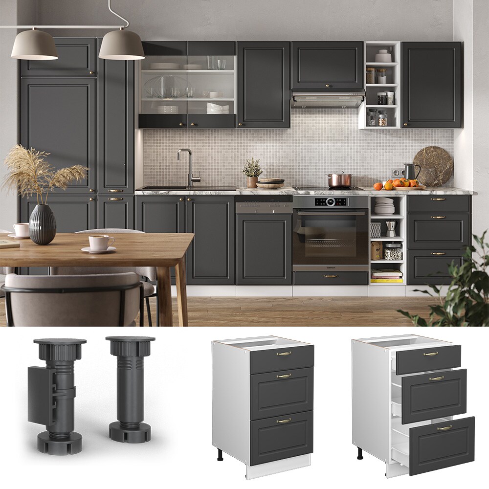 Vicco Schubunterschrank Küchenschrank Küchenmöbel Fame-Line Weiß Anthrazit-Gold Landhaus 50 cm Küche Einbauküche Drehtür Blende Küchenzeile