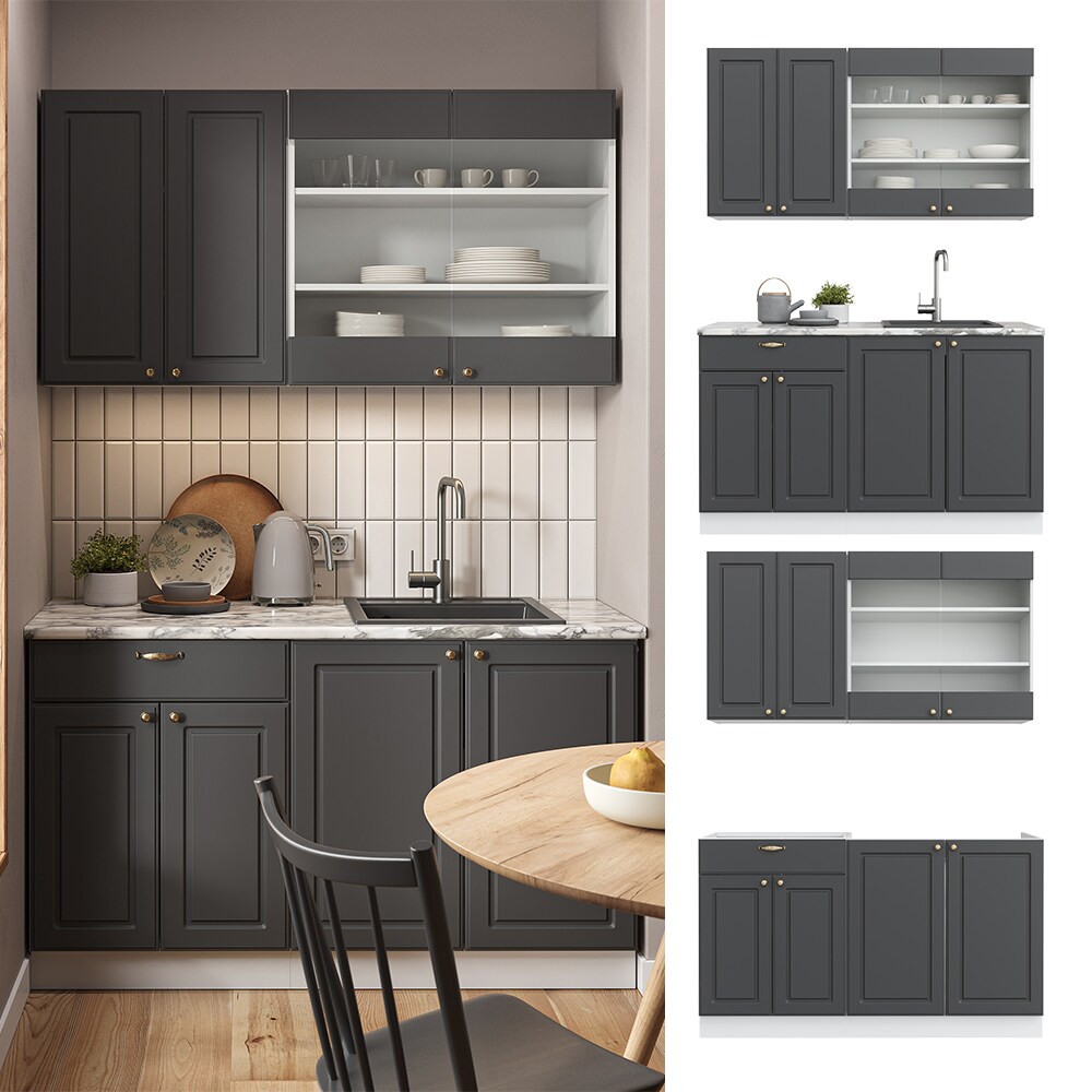Vicco Küchenzeile Küchenblock Einbauküche Fame-Line Single Landhaus Weiß Anthrazit Gold 140 cm modern Küchen Schränke Spülenunterschrank Schubunterschrank Hängeschrank Hängeglasschrank