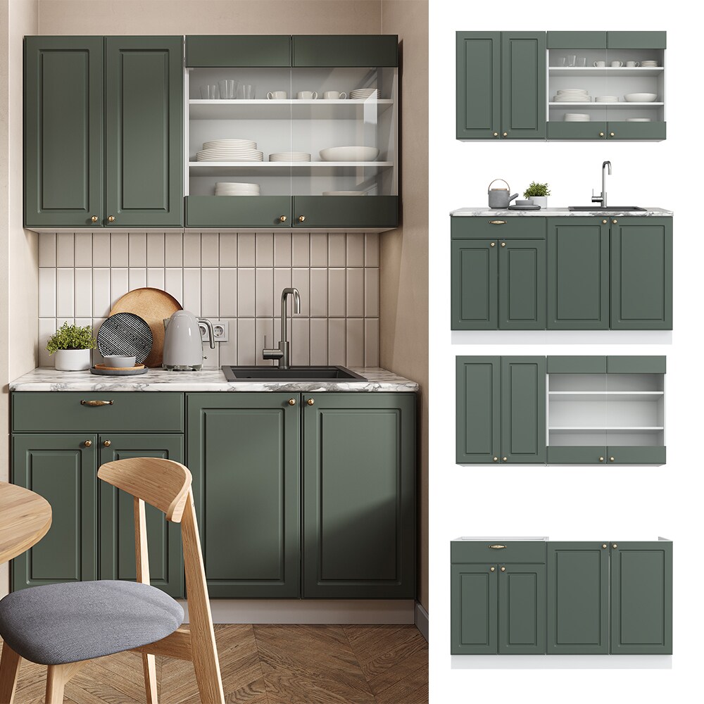 Vicco K&uuml;chenzeile K&uuml;chenblock Einbauk&uuml;che Fame-Line Single Landhaus Wei&szlig; Gr&uuml;n Gold 140 cm modern K&uuml;chen Schr&auml;nke Sp&uuml;lenunterschrank Schubunterschrank H&auml;ngeschrank H&auml;ngeglasschrank - Bild 1