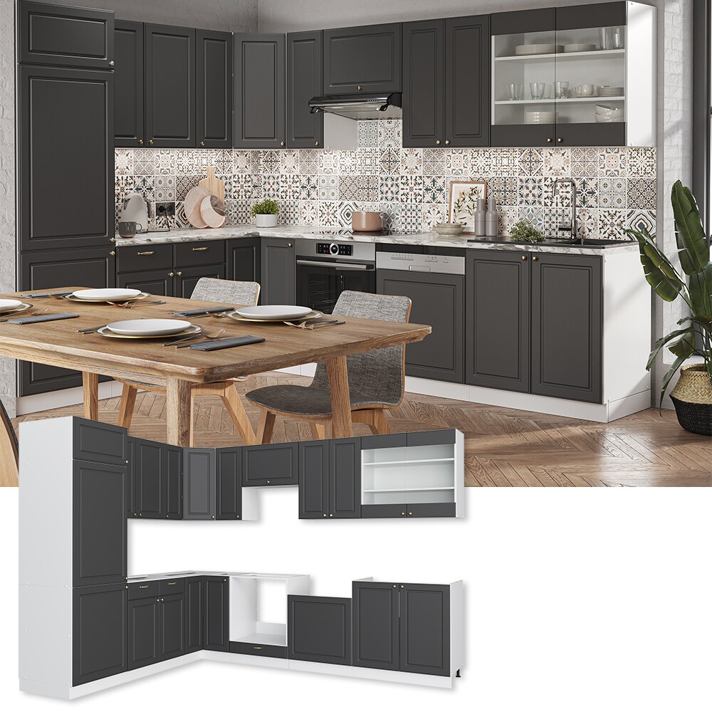 Vicco Eckküche Küchenzeile Einbauküche Fame-Line Landhaus Weiß Anthrazit Gold 227x287 cm Spülenunterschrank Schubunterschrank Eckunterschrank Herdumbauschrank Hängeschrank Kühlumbauschrank
