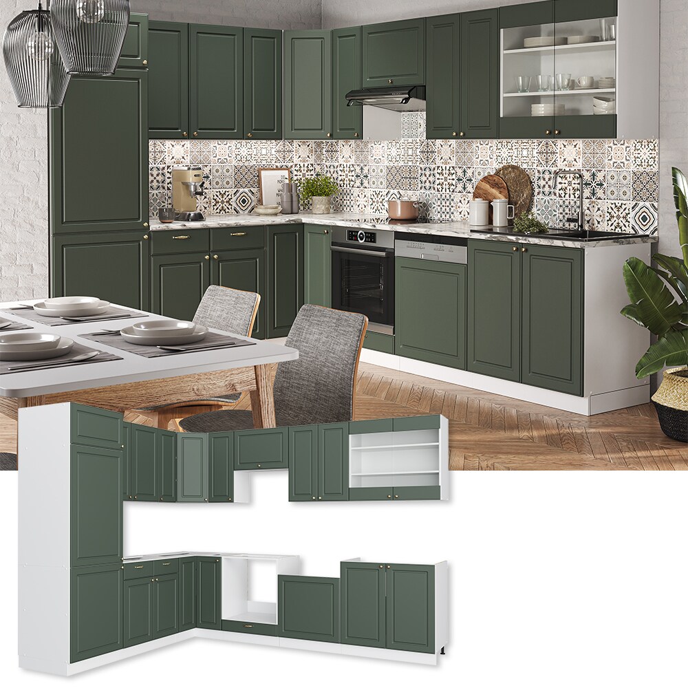 Vicco Eckküche Küchenzeile Einbauküche Fame-Line Landhaus Weiß Grün Gold 227x287 cm Spülenunterschrank Schubunterschrank Eckunterschrank Herdumbauschrank Hängeschrank Kühlumbauschrank