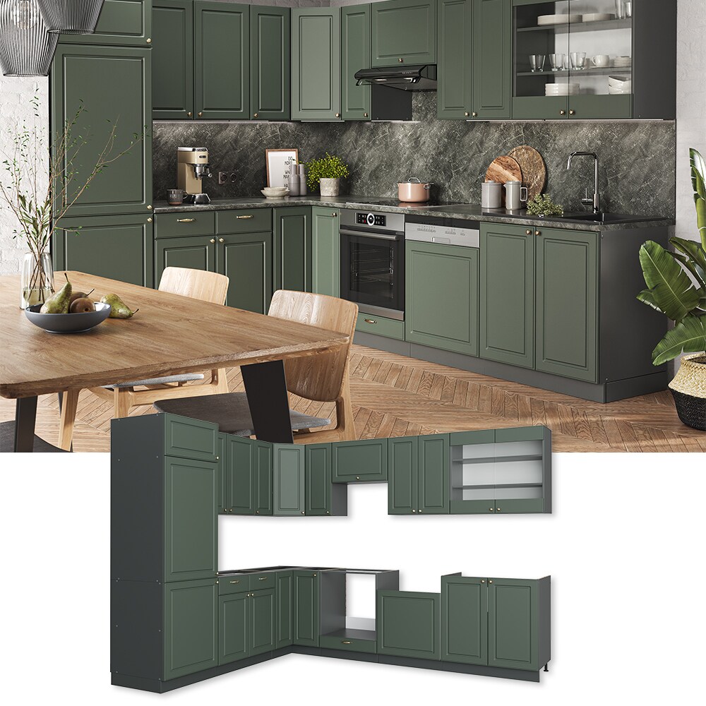 Vicco Eckküche Küchenzeile Einbauküche Fame-Line Landhaus Anthrazit Grün Gold 227x287 cm Spülenunterschrank Schubunterschrank Eckunterschrank Herdumbauschrank Hängeschrank Kühlumbauschrank