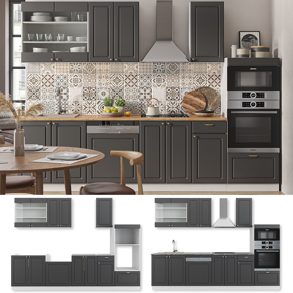 Vicco K&uuml;chenzeile K&uuml;chenblock Einbauk&uuml;che Fame-Line Landhaus Wei&szlig; Anthrazit Gold 300 cm Schubunterschrank Unterschrank Sp&uuml;lenunterschrank H&auml;ngeschrank Mikrowellenschrank Geschirrsp&uuml;lerblende - Bild 1