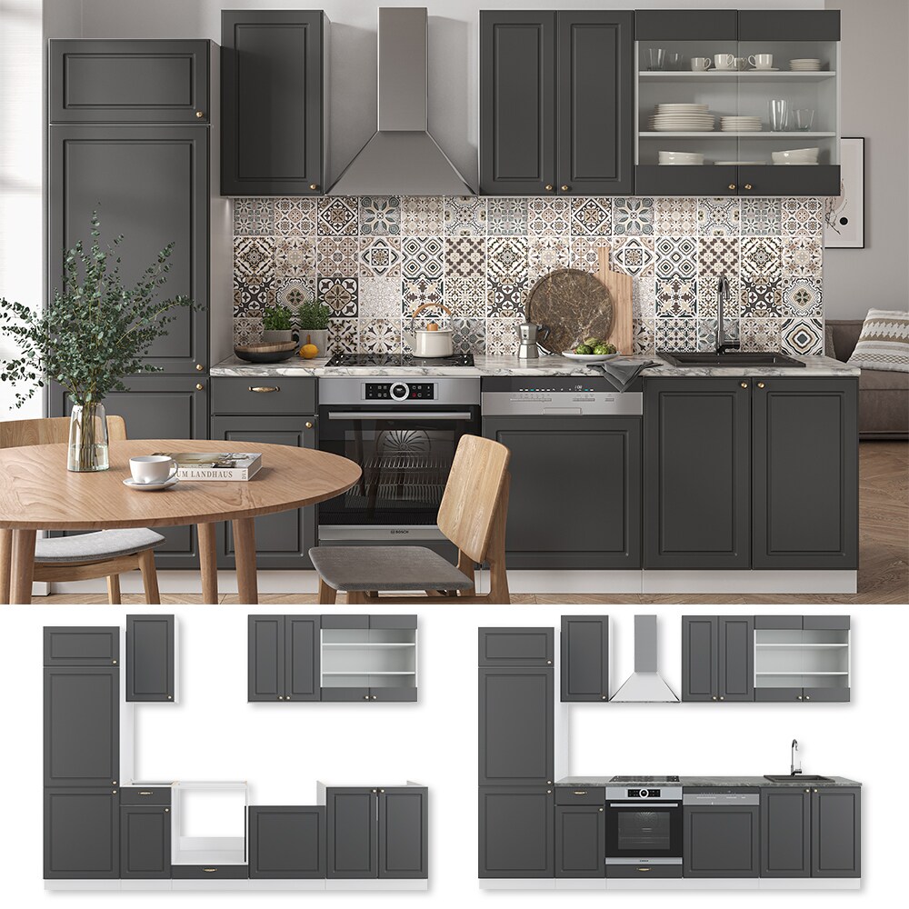 Vicco K&uuml;chenzeile K&uuml;chenblock Einbauk&uuml;che Fame-Line Landhaus Wei&szlig; Anthrazit Gold 300 cm Schubunterschrank Herdumbauschrank Sp&uuml;lenunterschrank H&auml;ngeschrank K&uuml;hlumbauschrank Geschirrsp&uuml;lerblende - Bild 1