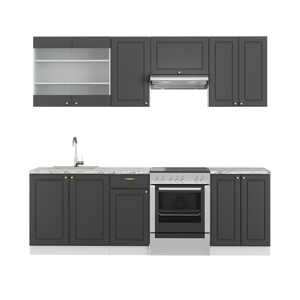 Vicco K&uuml;chenzeile K&uuml;chenblock Einbauk&uuml;che Fame-Line Landhaus Wei&szlig; Anthrazit Gold 240 cm K&uuml;chen Schr&auml;nke Sp&uuml;lenunterschrank Schubunterschrank H&auml;ngeschrank H&auml;ngeglasschrank - Bild 1