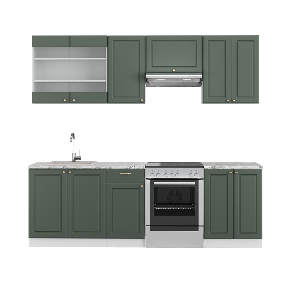 Vicco Küchenzeile Küchenblock Einbauküche Fame-Line Landhaus Weiß Grün Gold 240 cm Küchen Schränke Spülenunterschrank Schubunterschrank Hängeschrank Hängeglasschrank