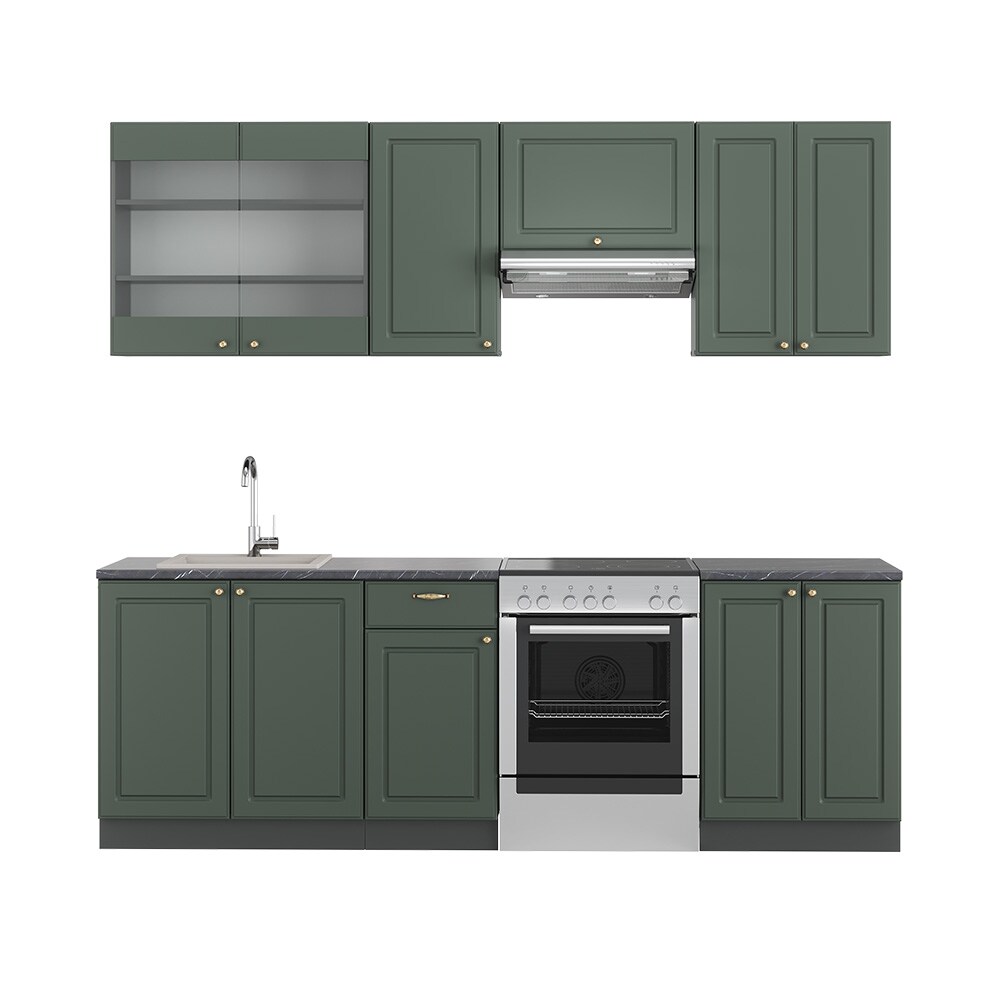 Vicco Küchenzeile Küchenblock Einbauküche Fame-Line Landhaus Anthrazit Grün Gold 240 cm Küchen Schränke Spülenunterschrank Schubunterschrank Hängeschrank Hängeglasschrank