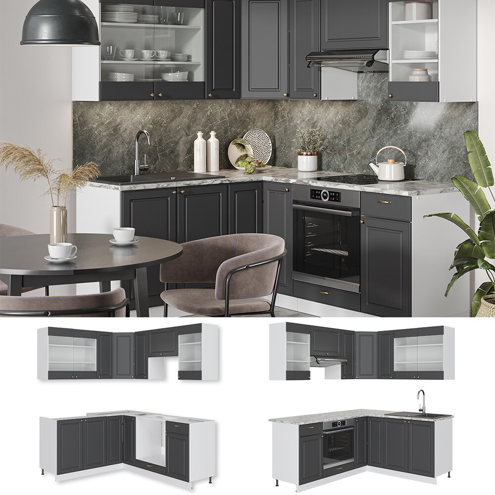 Vicco Eckk&uuml;che K&uuml;chenzeile Einbauk&uuml;che Fame-Line Landhaus Wei&szlig; Anthrazit Gold 190 cm Schubunterschrank Sp&uuml;lenunterschrank Eckunterschrank Herdumbauschrank H&auml;ngeglasschrank H&auml;ngeschrank - Bild 1