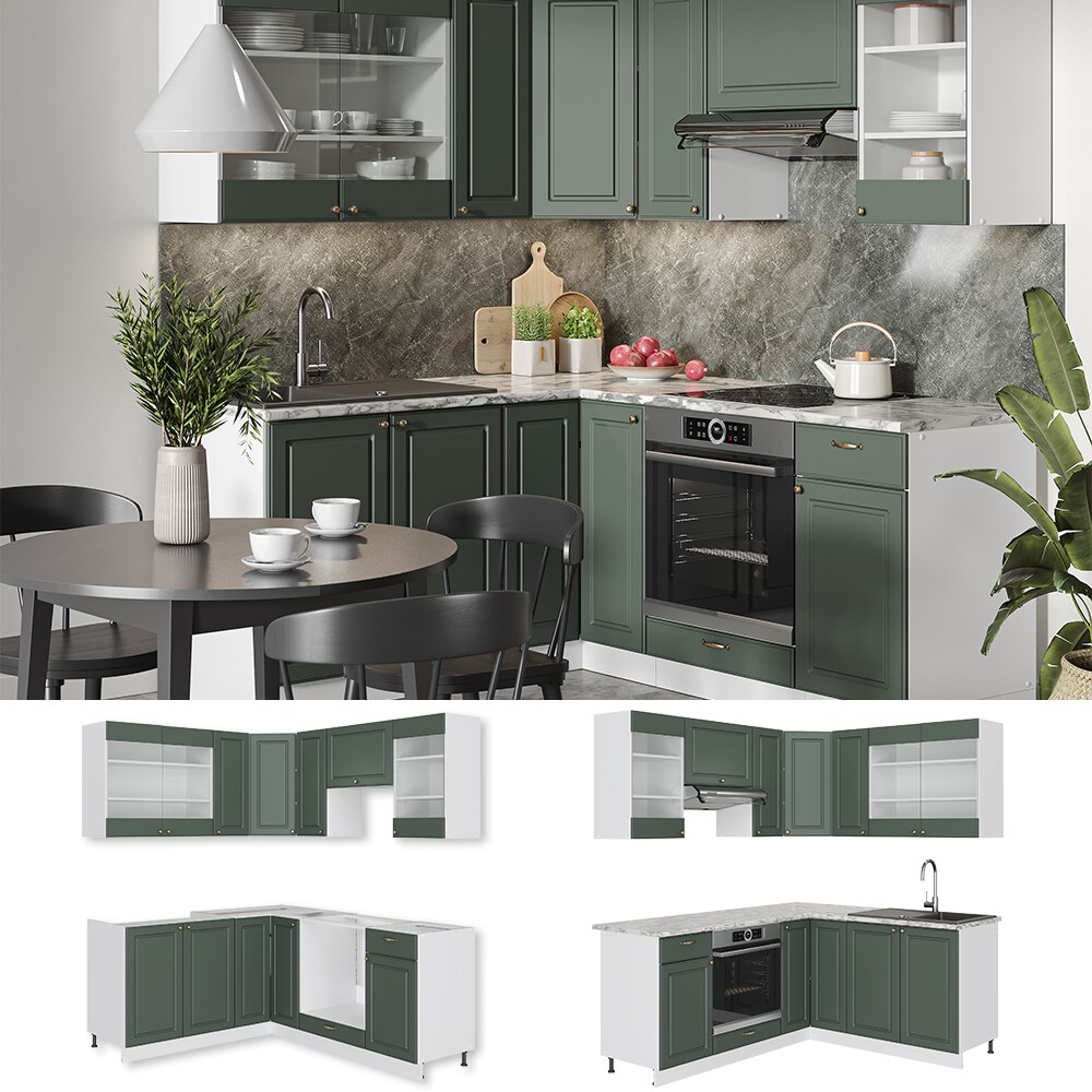 Vicco Eckküche Küchenzeile Einbauküche Fame-Line Landhaus Weiß Grün Gold 190 cm Schubunterschrank Spülenunterschrank Eckunterschrank Herdumbauschrank Hängeglasschrank Hängeschrank