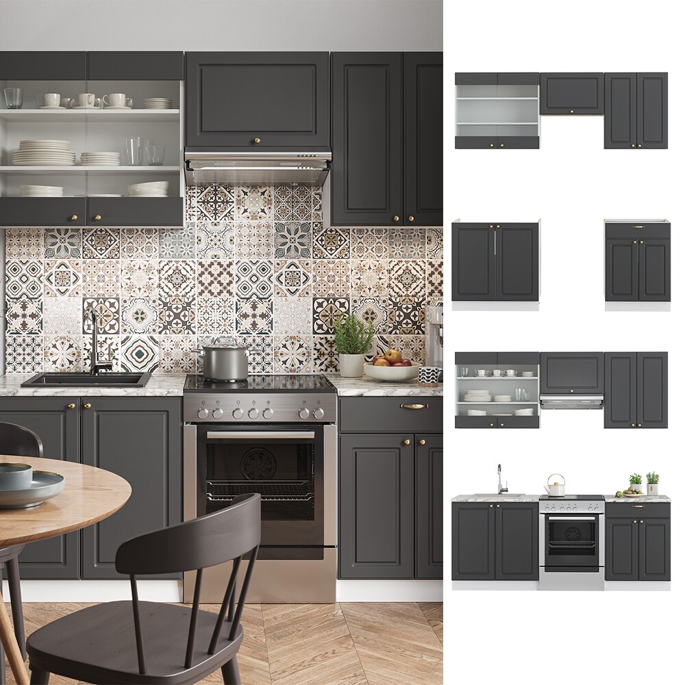 Vicco K&uuml;chenzeile K&uuml;chenblock Einbauk&uuml;che Fame-Line Landhaus Wei&szlig; Anthrazit Gold 200 cm K&uuml;chen Schr&auml;nke Schubunterschrank Sp&uuml;lenunterschrank H&auml;ngeschrank H&auml;ngeglasschrank - Bild 1