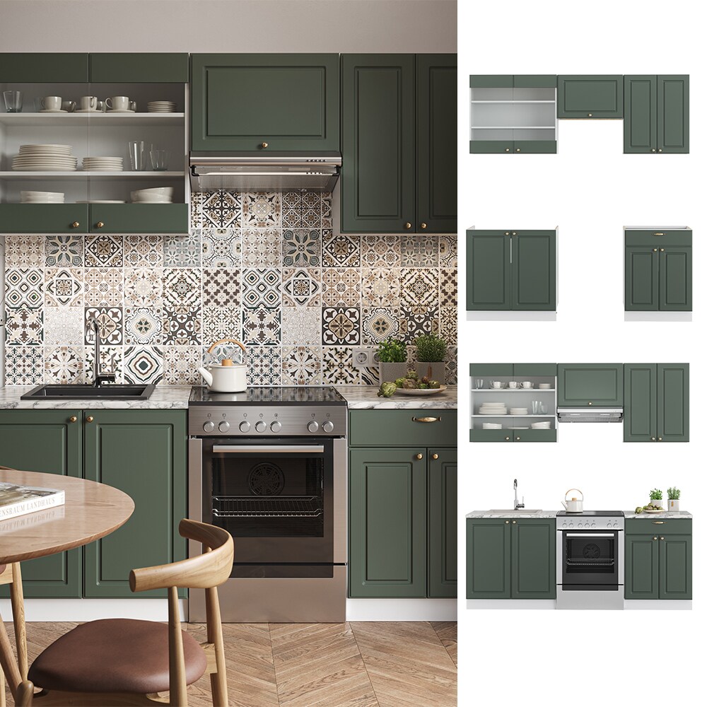Vicco Küchenzeile Küchenblock Einbauküche Fame-Line Landhaus Weiß Grün Gold 200 cm Küchen Schränke Schubunterschrank Spülenunterschrank Hängeschrank Hängeglasschrank