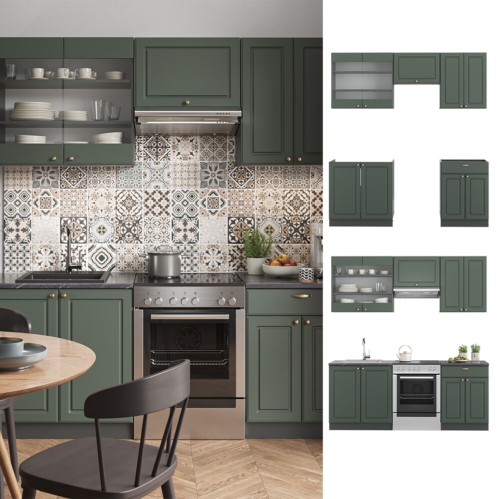 Vicco Küchenzeile Küchenblock Einbauküche Fame-Line Landhaus Anthrazit Grün Gold 200 cm Küchen Schränke Schubunterschrank Spülenunterschrank Hängeschrank Hängeglasschrank
