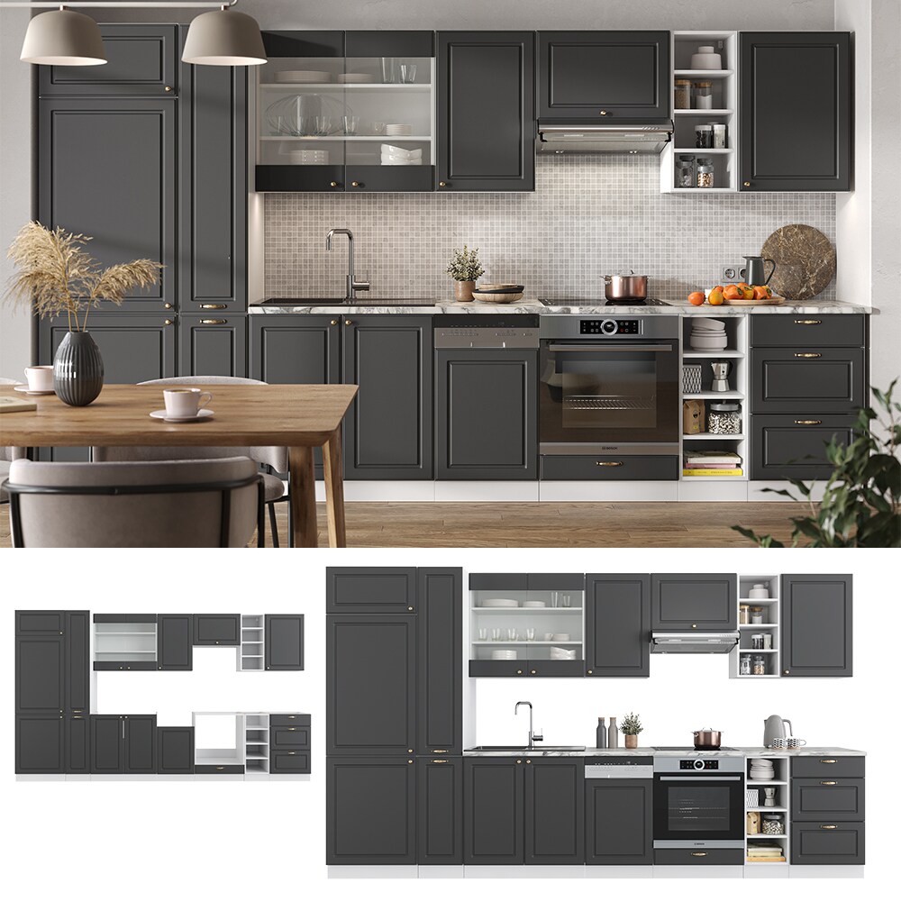 Vicco K&uuml;chenzeile K&uuml;chenblock Einbauk&uuml;che Fame-Line Landhaus Wei&szlig; Anthrazit Gold 355 cm Sp&uuml;lenunterschrank Herdumbauschrank Schubunterschrank H&auml;ngeschrank K&uuml;hlumbauschrank Apothekerhochschrank - Bild 1