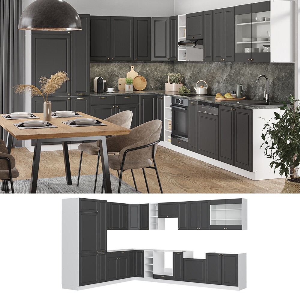 Vicco Eckküche Küchenzeile Einbauküche Fame-Line Landhaus Weiß Anthrazit Gold 257x347 Spülenunterschrank Unterschrank Herdumbauschrank Hängeschrank Kühlumbauschrank Apothekerhochschrank Blende