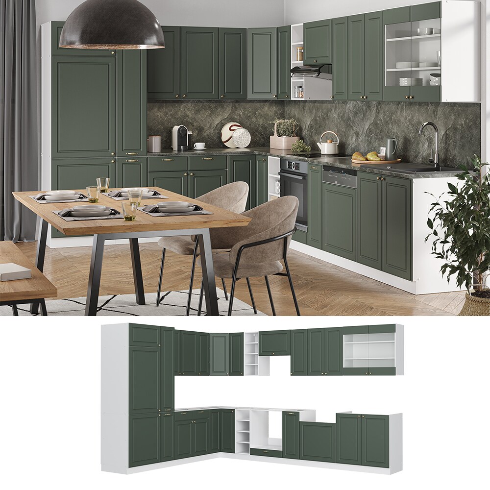 Vicco Eckküche Küchenzeile Einbauküche Fame-Line Landhaus Weiß Grün Gold 257x347 Spülenunterschrank Unterschrank Herdumbauschrank Hängeschrank Kühlumbauschrank Apothekerhochschrank Blende