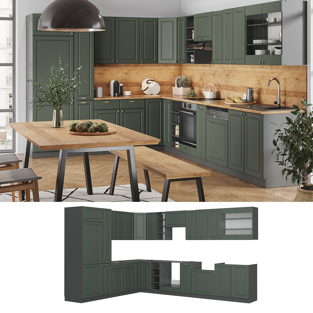 Vicco Eckküche Küchenzeile Einbauküche Fame-Line Landhaus Anthrazit Grün Gold 257x347 Spülenunterschrank Unterschrank Herdumbauschrank Hängeschrank Kühlumbauschrank Apothekerhochschrank Blende