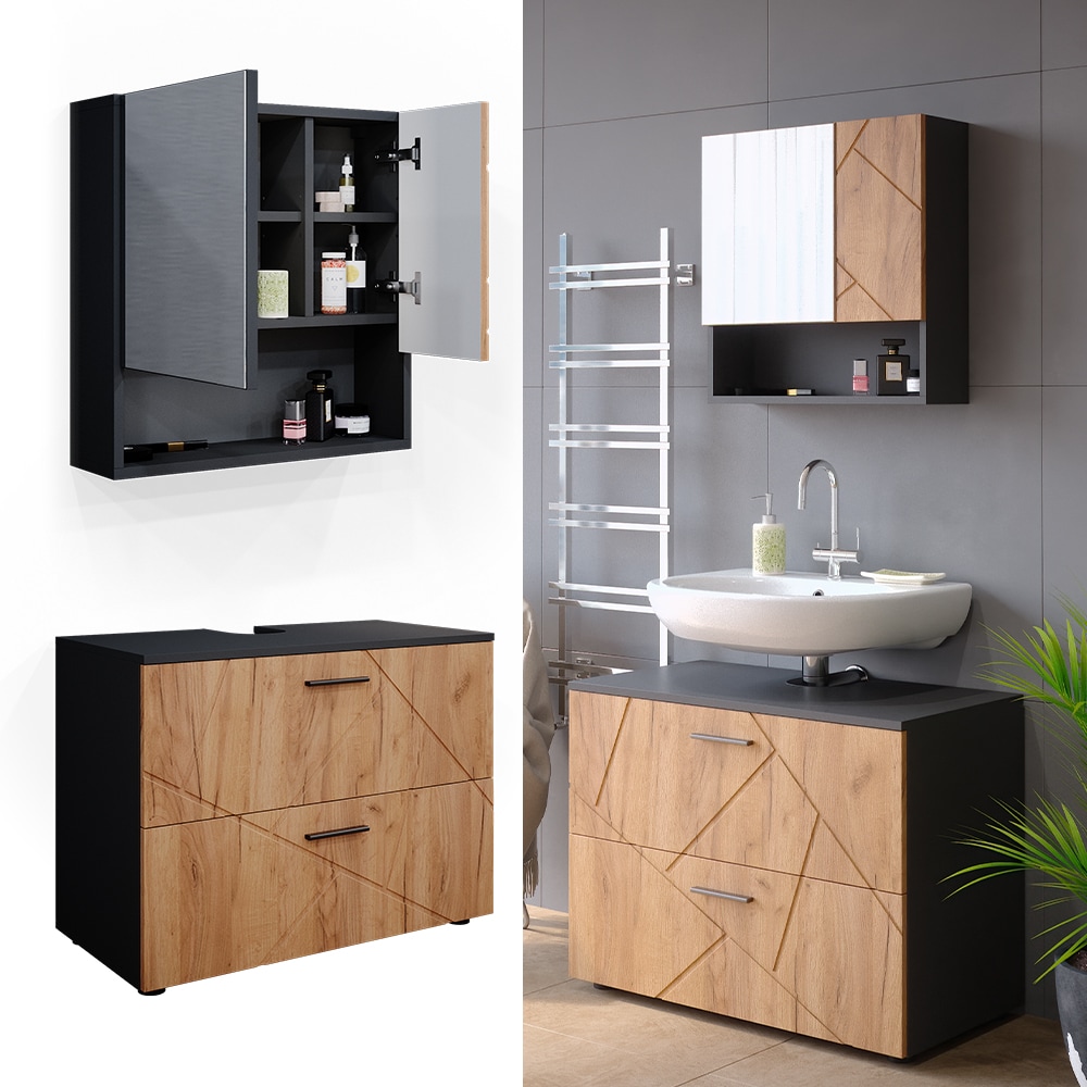 Vicco Badm&ouml;belset Waschtischunterschrank Spiegelschrank Irma Anthrazit Eiche Badm&ouml;bel - Bild 1