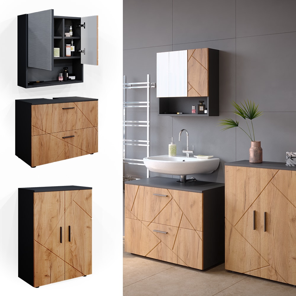 Vicco Badm&ouml;belset Unterschrank Spiegelschrank Badschrank Irma Anthrazit Eiche Badm&ouml;bel - Bild 1