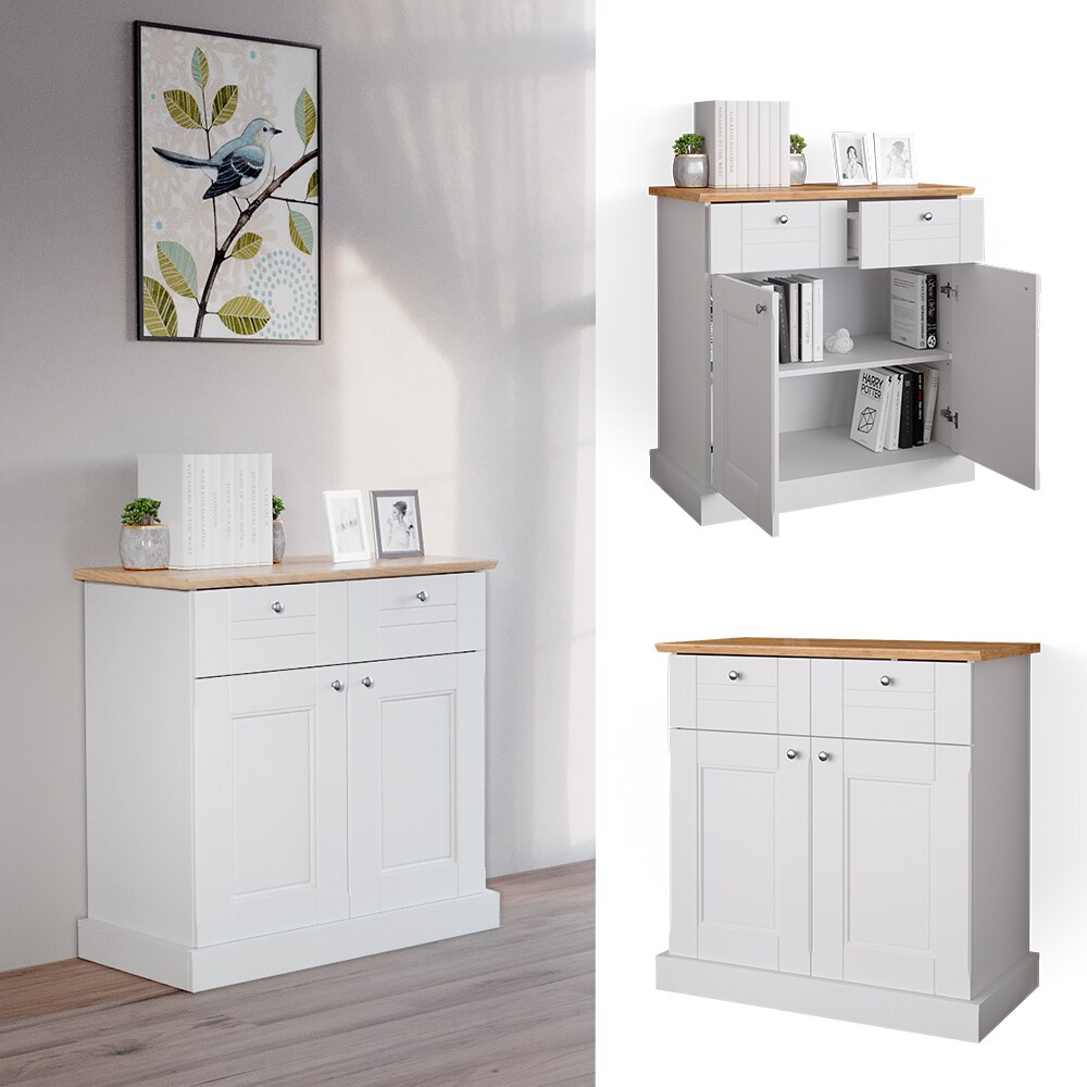 Vicco Kommode Mehrzweckschrank Wohnzimmerm&ouml;bel Bergamo Wei&szlig; Eiche Wohnzimmer Schrank 83x84 cm Vintage Ablage Schublade Schrankt&uuml;r Wohnzimmerm&ouml;bel - Bild 1