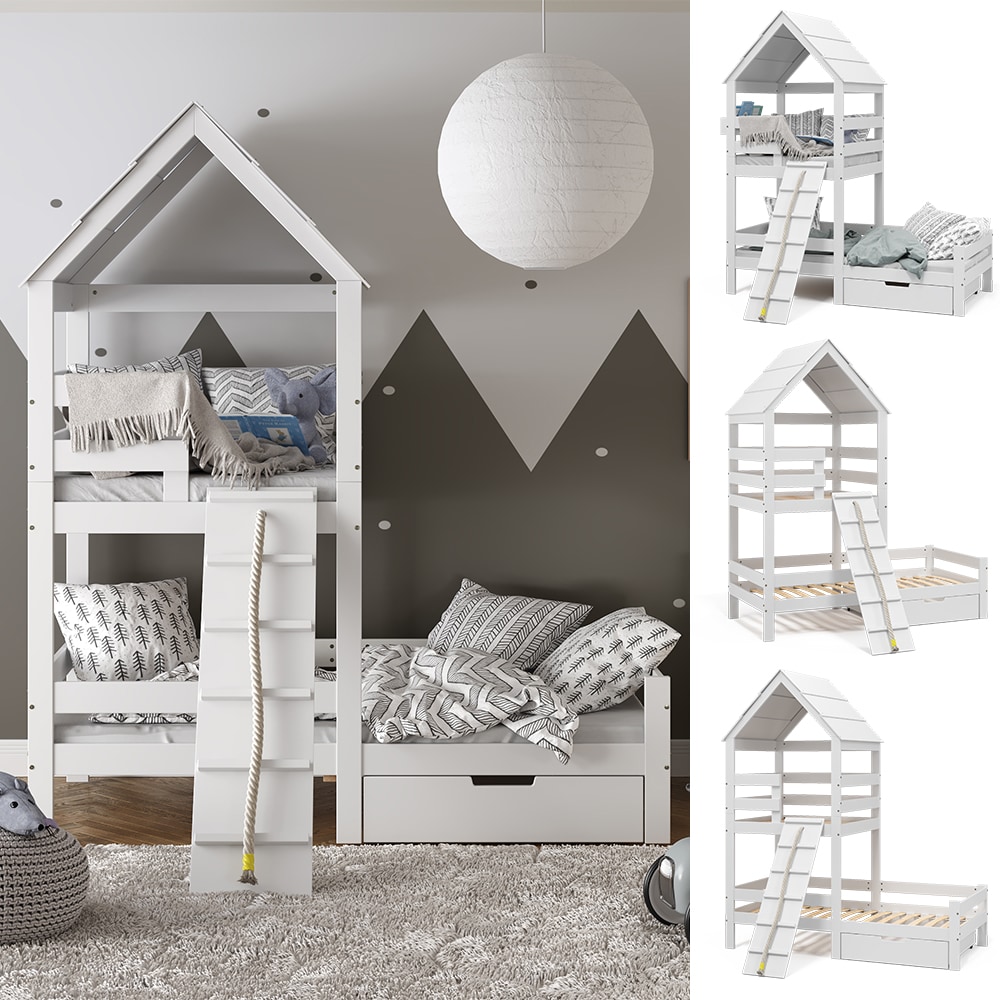 VitaliSpa Spielturmbett Kinderbett Spielbett Teddy Wei&szlig; modern 208x235 cm Massivholz Kinderzimmer Lattenrost Bett Schublade Abenteuerbett Kletterbett - Bild 1