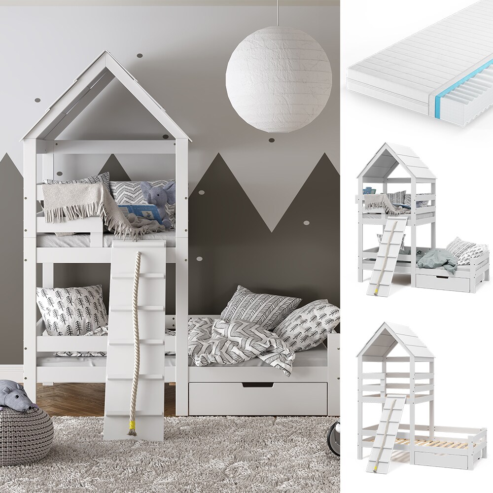 VitaliSpa Spielturmbett Kinderbett Spielbett Teddy Wei&szlig; modern 208x235 cm Massivholz Kinderzimmer Lattenrost Bett Schublade Matratze Abenteuerbett Kletterbett - Bild 1