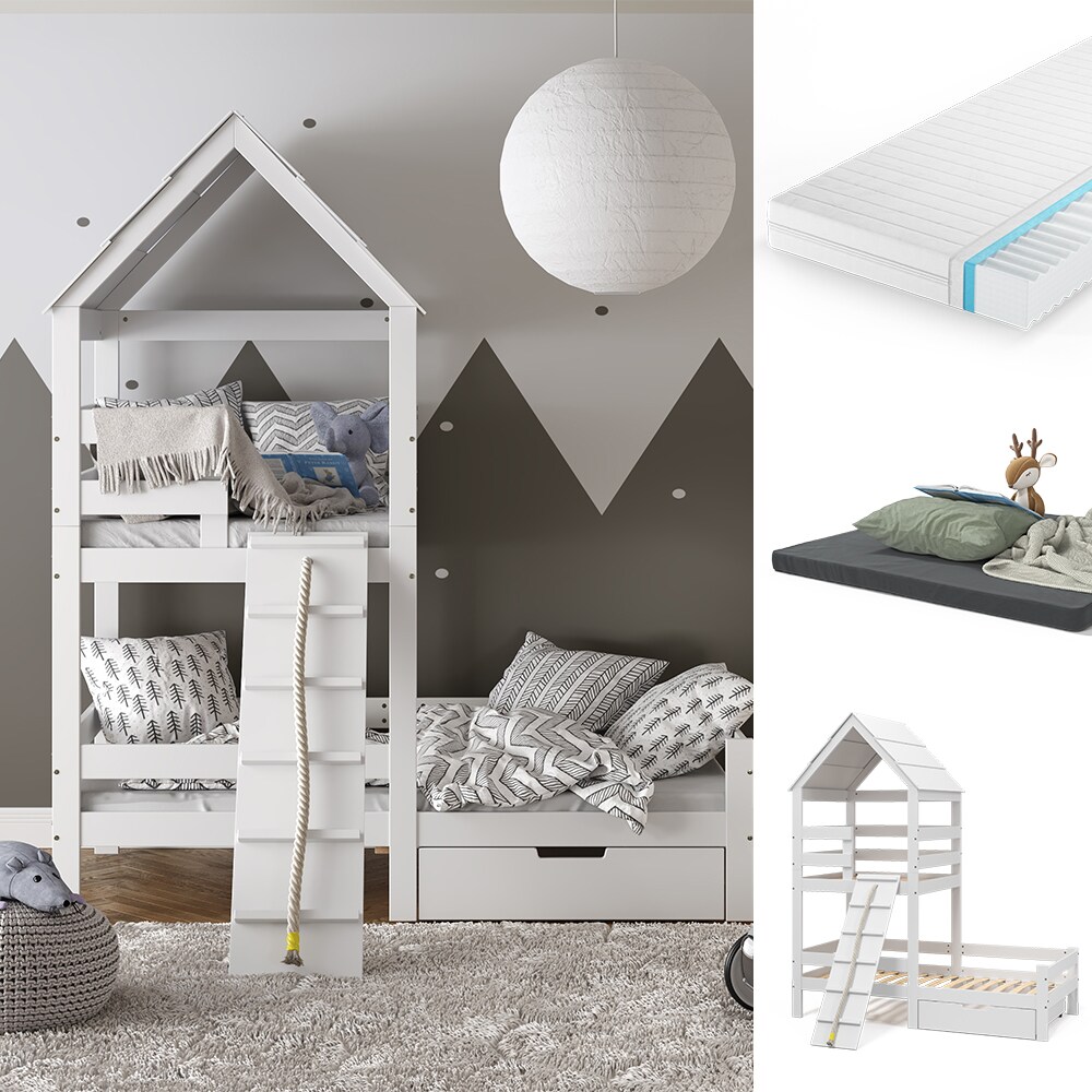 VitaliSpa Spielturmbett Kinderbett Spielbett Teddy Wei&szlig; modern 208x235 cm Massivholz Kinderzimmer Lattenrost Bett Schublade Matratze Abenteuerbett Kletterbett - Bild 1