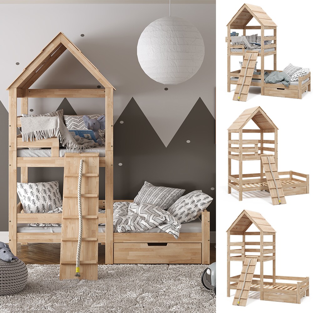 VitaliSpa Spielturmbett Kinderbett Spielbett Teddy Natur modern 208x235 cm Massivholz Kinderzimmer Lattenrost Bett Schublade Abenteuerbett Kletterbett - Bild 1