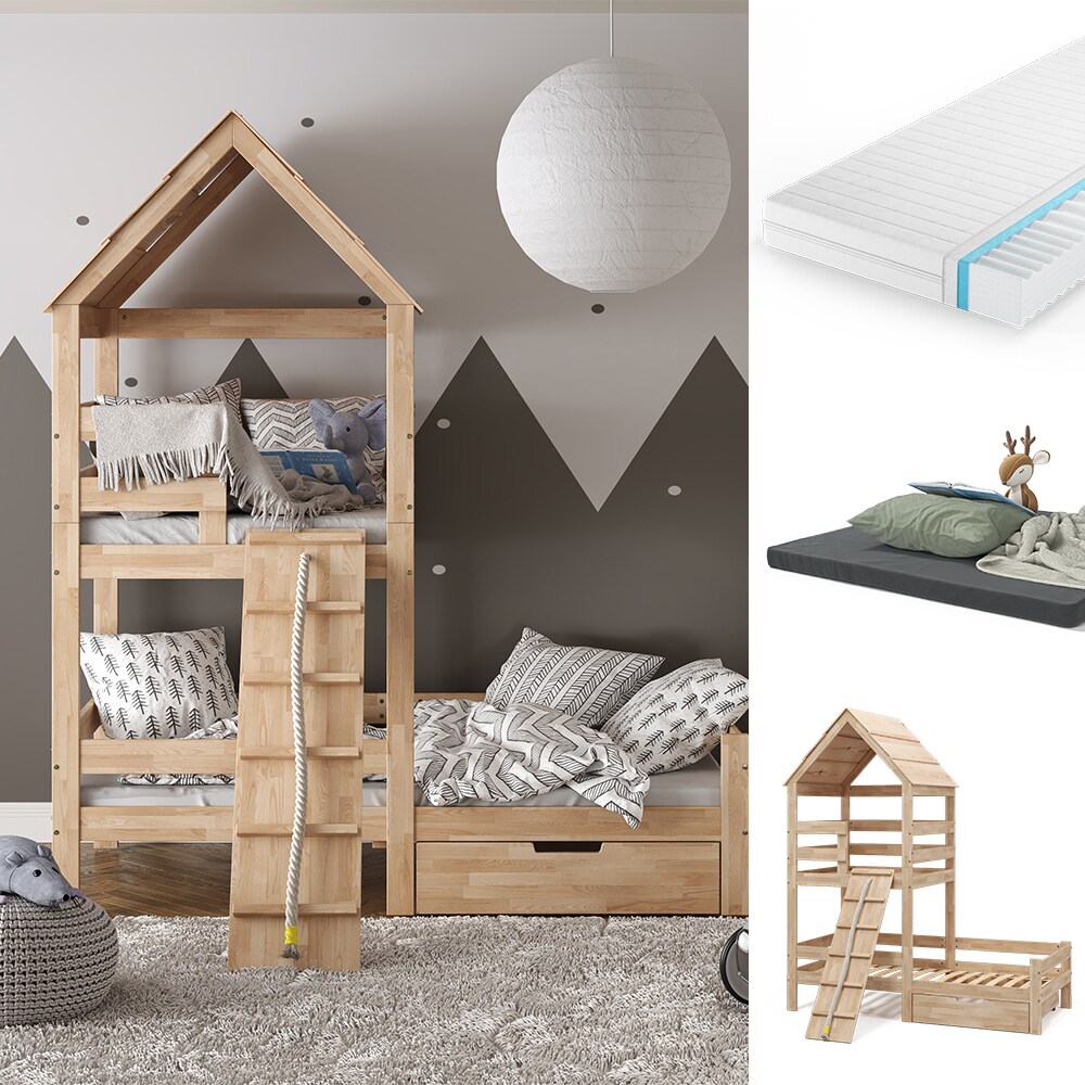 VitaliSpa Spielturmbett Kinderbett Spielbett Teddy Natur modern 208x235 cm Massivholz Kinderzimmer Lattenrost Bett Schublade Matratze Abenteuerbett Kletterbett - Bild 1