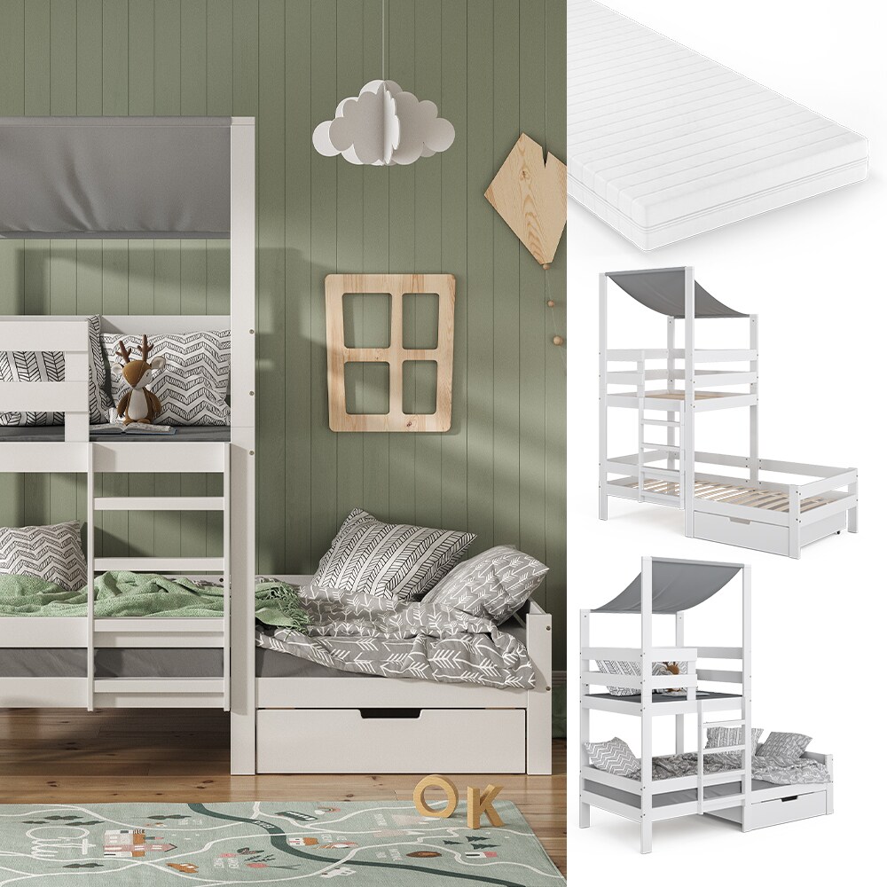 VitaliSpa Spielturmbett Kinderbett Spielbett Tom Wei&szlig; modern 204x218 cm Massivholz Kinderzimmer Lattenrost Bettleiter Bett Schublade Matratze Abenteuerbett Kletterbett - Bild 1