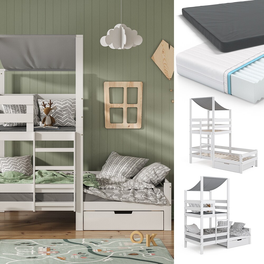 VitaliSpa Spielturmbett Kinderbett Spielbett Tom Wei&szlig; modern 204x218 cm Massivholz Kinderzimmer Lattenrost Bettleiter Bett Schublade Matratze Abenteuerbett Kletterbett - Bild 1